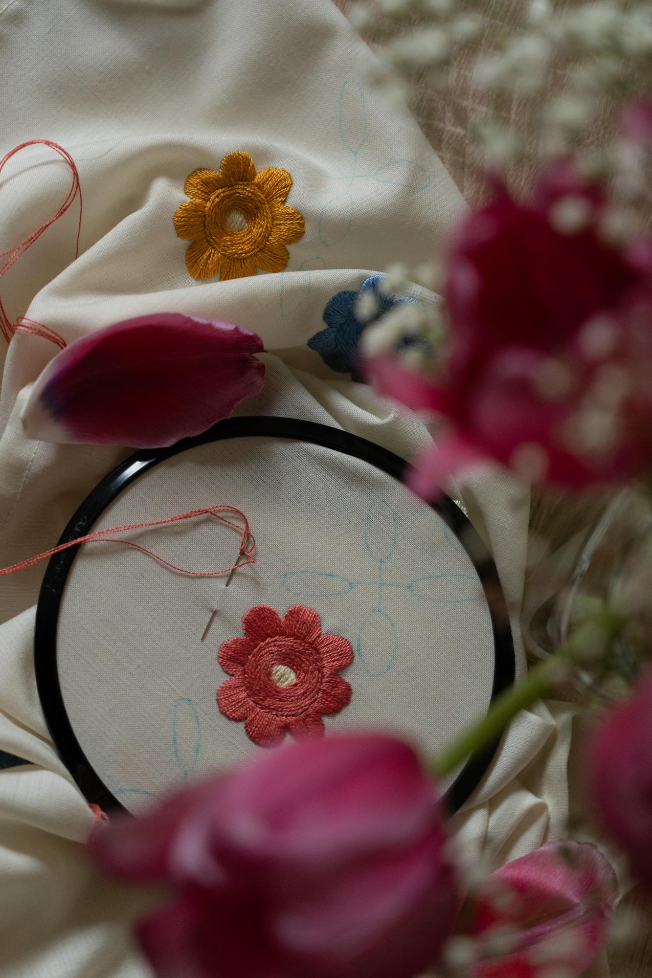 Close-up of embroidered hoop with floral pattern
